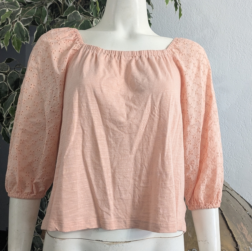 Sanctuary Peach Puff Shoulder Square Neck Cotton Rayon Blouse Top Size M